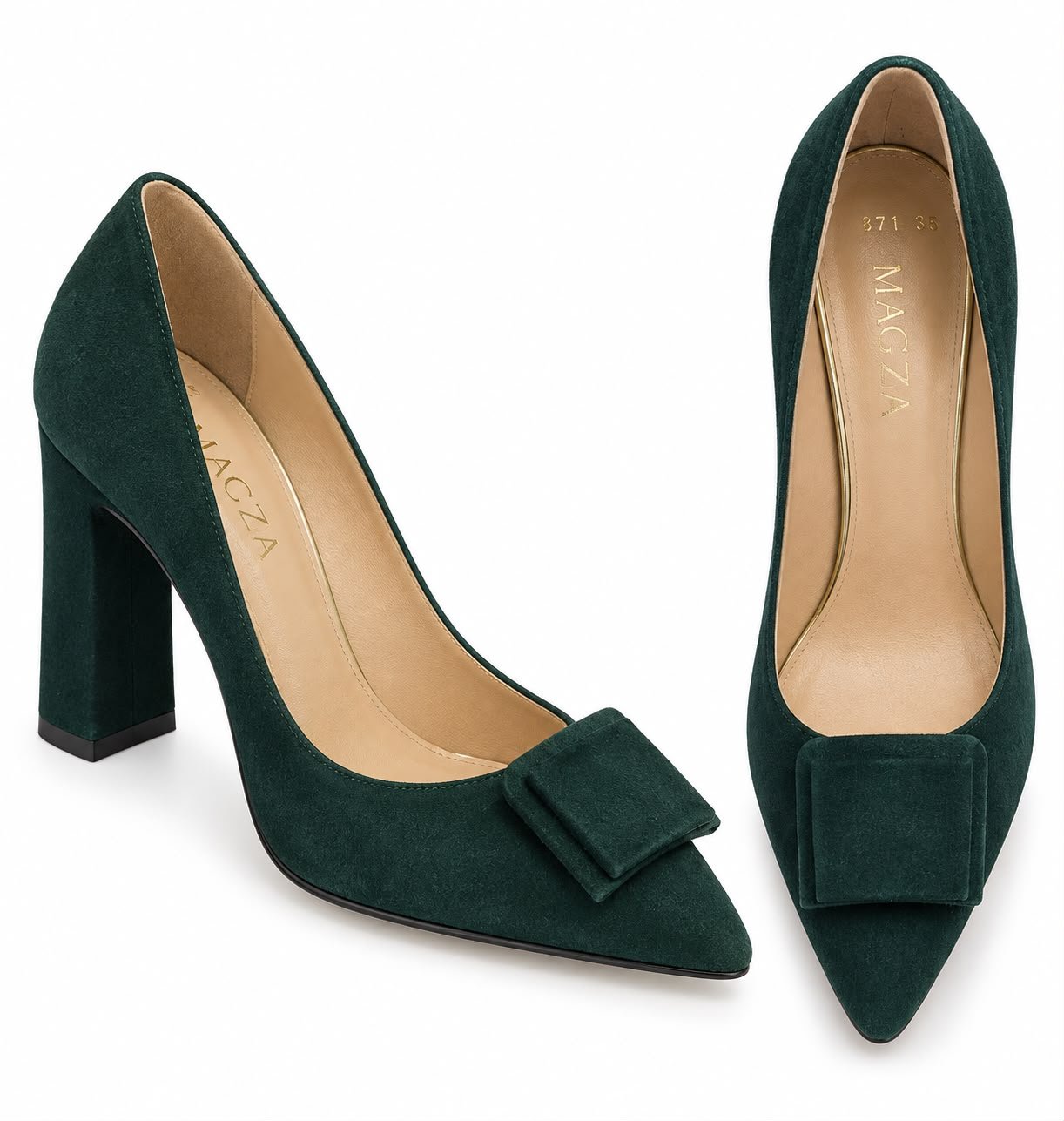 WhatsApp Image 2026-09-18 at 08.31.21 Pantofi Arhitecturali din Piele Întoarsă cu Vârf Ascuțit, Detaliu Cataramă Geometrică și Toc Gros în Nuanță Verde Pădure - imagine 1