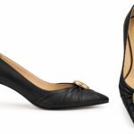 Pantofi Stiletto Arhitecturali din Piele cu Vârf Ascuțit, Drapeaj Frontal cu Detaliu Auriu și Toc Mediu în Nuanță Negru Intens