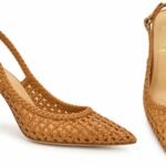 Pantofi Slingback Arhitecturali din Piele Împletită cu Vârf Ascuțit, Baretă Ajustabilă și Toc Gros în Nuanță Coniac