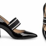 Pantofi Arhitecturali din Piele Lacuită cu Vârf Ascuțit, Baretă Elastică Sport-Chic cu Dungi și Toc Gros în Nuanță Negru Lucios