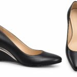 Pantofi Arhitecturali din Piele cu Vârf Ascuțit, Toc Platformă Wedges și Inserție Metalică în Nuanță Negru Intens