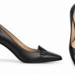 Pantofi Arhitecturali din Piele cu Vârf Ascuțit, Detaliu de Loafer Frontal și Toc Geometric Sculptural cu Element Sferic în Nuanță Negru Intens