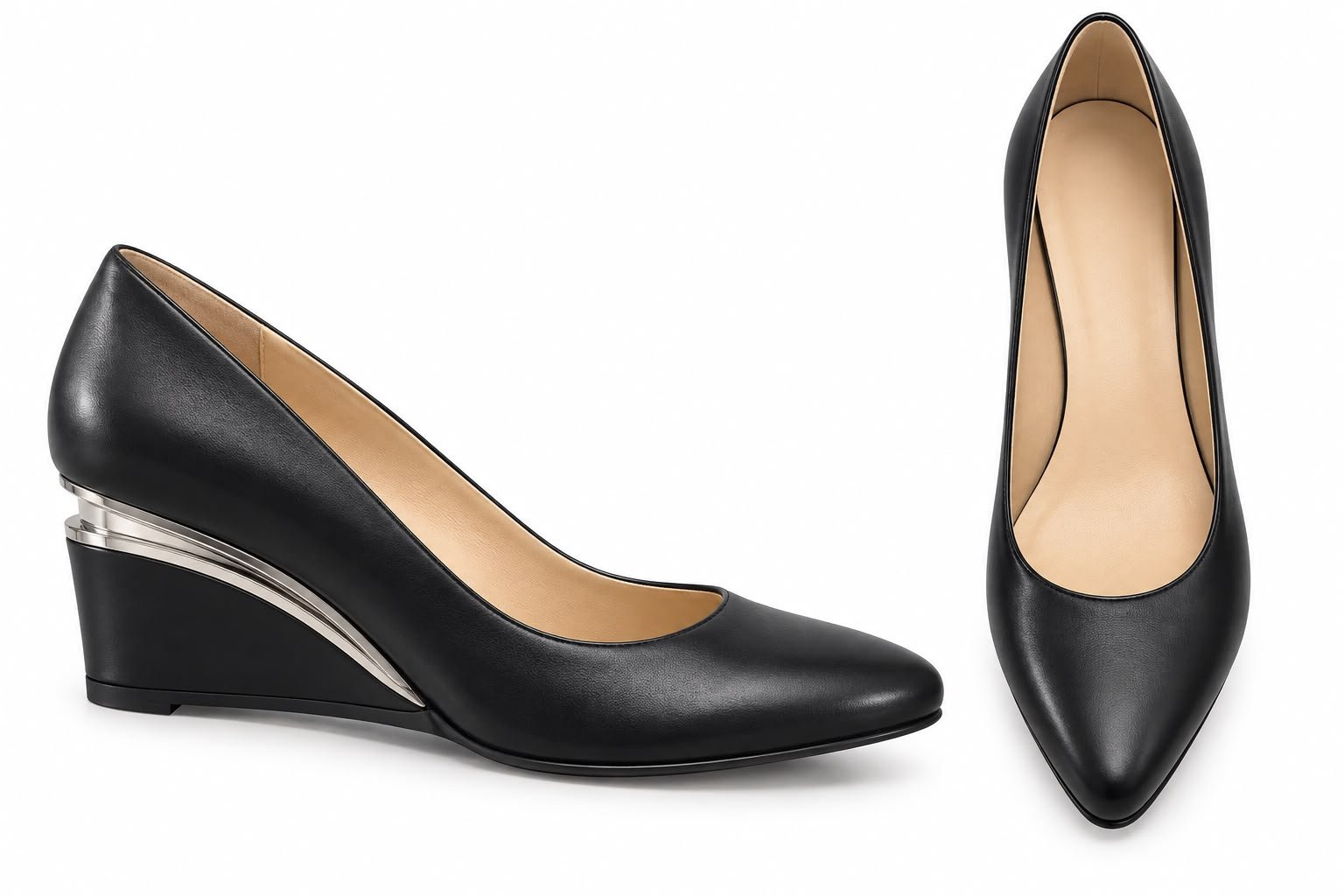 WhatsApp Image 2026-09-18 at 08.47.42 Pantofi Arhitecturali din Piele cu Vârf Ascuțit, Toc Platformă Wedges și Inserție Metalică în Nuanță Negru Intens - imagine 1