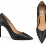 Pantofi Stiletto Arhitecturali din Piele cu Vârf Ascuțit, Pliuri Drapate Geometric pe Față și Toc Stiletto Înalt în Nuanță Negru Intens