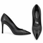 Pantofi Stiletto Arhitecturali din Piele cu Vârf Ascuțit, Capison Texturat și Toc Stiletto Înalt în Nuanță Negru Intens