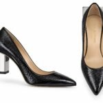 Pantofi Arhitecturali din Piele Texturată cu Vârf Ascuțit și Toc Geometric Metalic în Nuanță Negru Intens