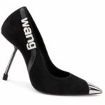 Pantofi Stiletto Arhitecturali din Piele Întoarsă cu Vârf Ascuțit Metalic, Inscripție Grafică Laterală și Toc Stiletto Metalic în Nuanță Negru Intens