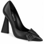 Pantofi Arhitecturali din Piele cu Vârf Ascuțit, Fundă Arhitecturală Perforată și Toc Geometric Evazat în Nuanță Negru Intens