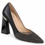 Pantofi Arhitecturali din Piele cu Vârf Ascuțit, Aplicații Strălucitoare de Cristale, Toc Geometric Evazat și Inserție Auriu-Metalică în Nuanță Negru Intens