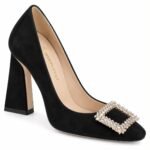 Pantofi Arhitecturali din Piele Întoarsă cu Vârf Pătrat, Cataramă Rectangulară cu Cristale și Toc Gros Evazat în Nuanță Negru Intens
