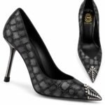 Pantofi Stiletto Arhitecturali din Piele Texturată cu Vârf Ascuțit Metalic, Cristale Încrustate și Toc Stiletto Înalt în Nuanță Gri Cărbune