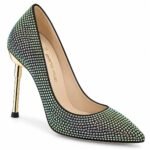 Pantofi Stiletto Arhitecturali cu Vârf Ascuțit, Pavaj Integral de Cristale Iridescente și Toc Stiletto Metalic Auriu
