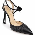 Pantofi Arhitecturali de Tip Slingback din Piele cu Vârf Ascuțit, Drapaj Încrețit, Barete Transparente cu Nod Sculptural și Toc Geometric în Nuanță Negru Intens