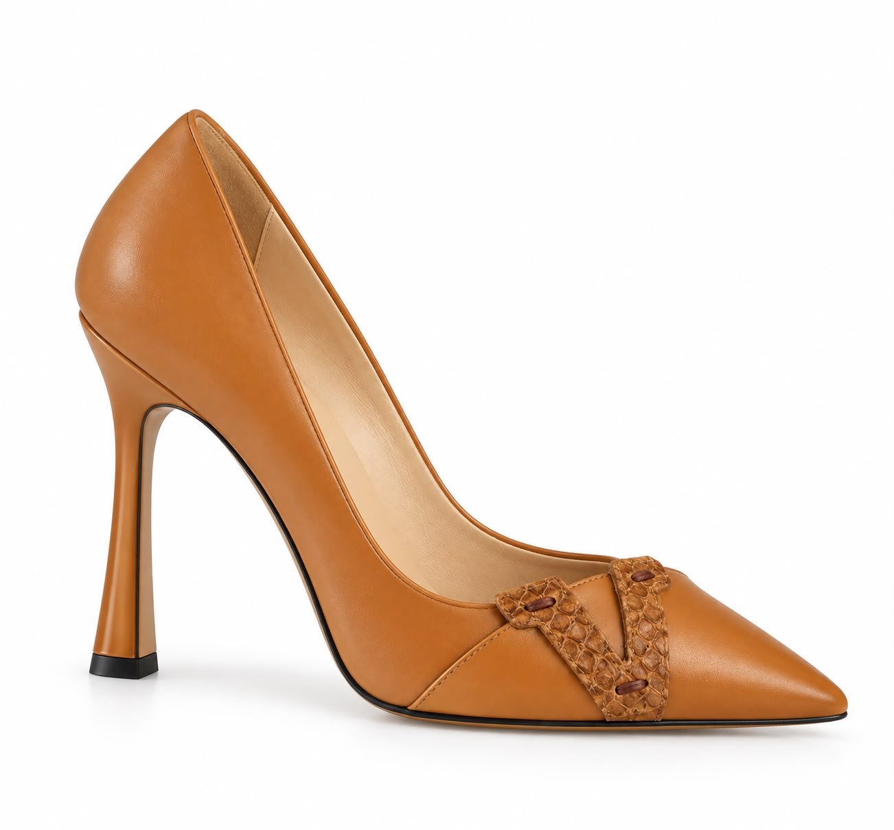 WhatsApp Image 2026-09-19 at 02.14.58 (1) Pantofi Stiletto Arhitecturali din Piele cu Vârf Ascuțit, Barete Încrucișate cu Textură Reptiliană și Toc Geometric Evazat în Nuanță Coniac / Camel - imagine 1