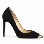 Pantofi Stiletto Arhitecturali din Piele Întoarsă cu Vârf Ascuțit Metalic Auriu, Detaliu Fluture și Toc Stiletto Înalt în Nuanță Negru Intens