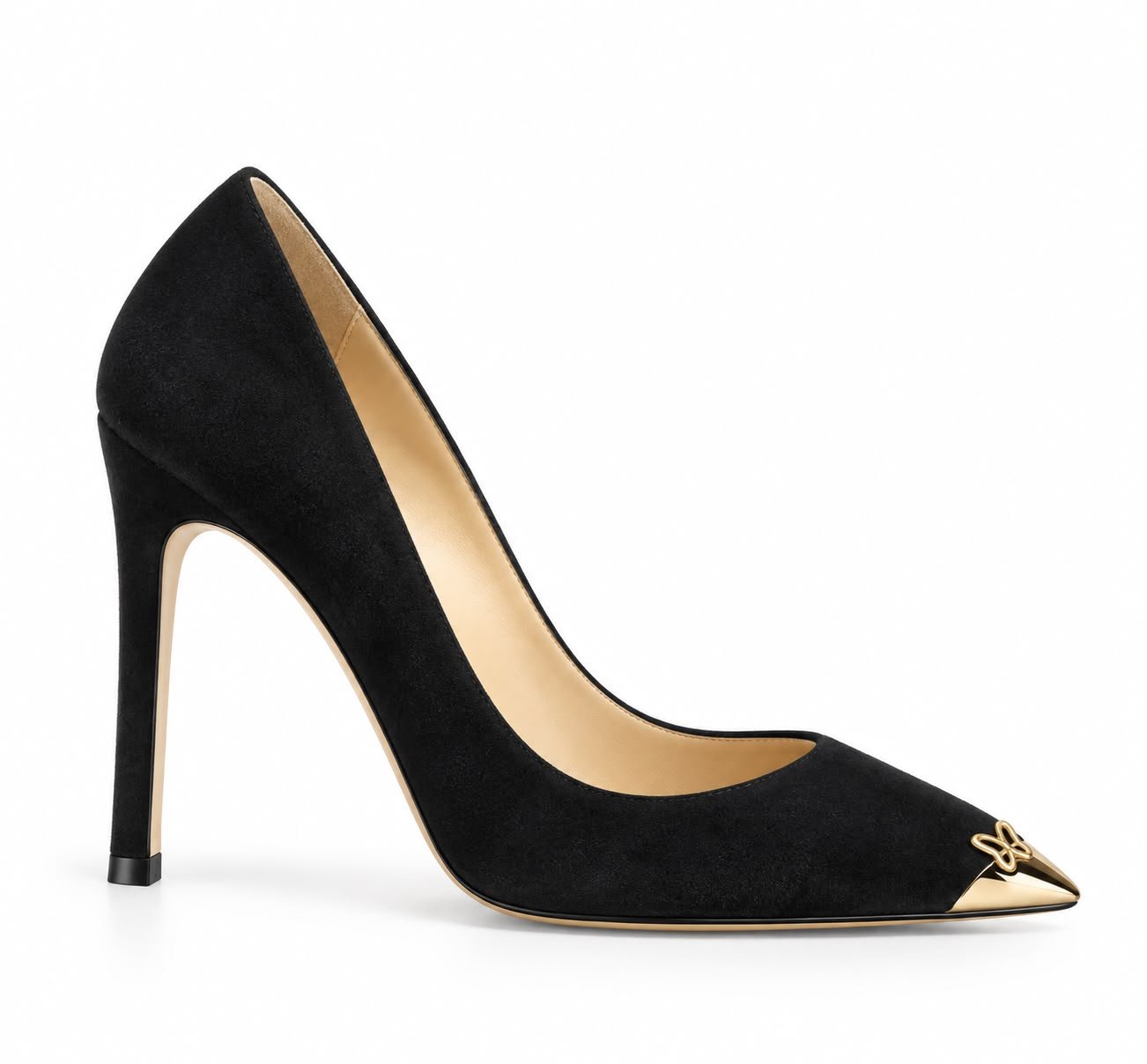 WhatsApp Image 2026-09-19 at 02.14.58 (2) Pantofi Stiletto Arhitecturali din Piele Întoarsă cu Vârf Ascuțit Metalic Auriu, Detaliu Fluture și Toc Stiletto Înalt în Nuanță Negru Intens - imagine 1