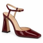 Sandale Arhitecturale tip Slingback din Piele Lăcuită cu Vârf Pătrat, Baretă pe Gleznă și Toc Gros Evazat în Nuanță Roșu Burgund