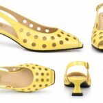 Sandale Arhitecturale tip Slingback din Piele Lăcuită cu Vârf Pătrat, Perforații Geometrice, Baretă pe Gleznă și Toc Geometric în Nuanță Galben Vibrant