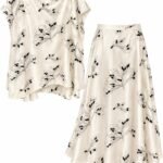 Costum Arhitectural din Două Piese din Satin Fluid cu Imprimeu Floral Abstract, Bluză Lejeră și Fustă Midi Evazată în Nuanță Ecru și Negru