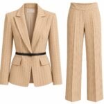 Costum Arhitectural din Două Piese în Dungi cu Sacou Tailored, Curea Subțire din Piele și Pantaloni Drepți în Nuanță Bej