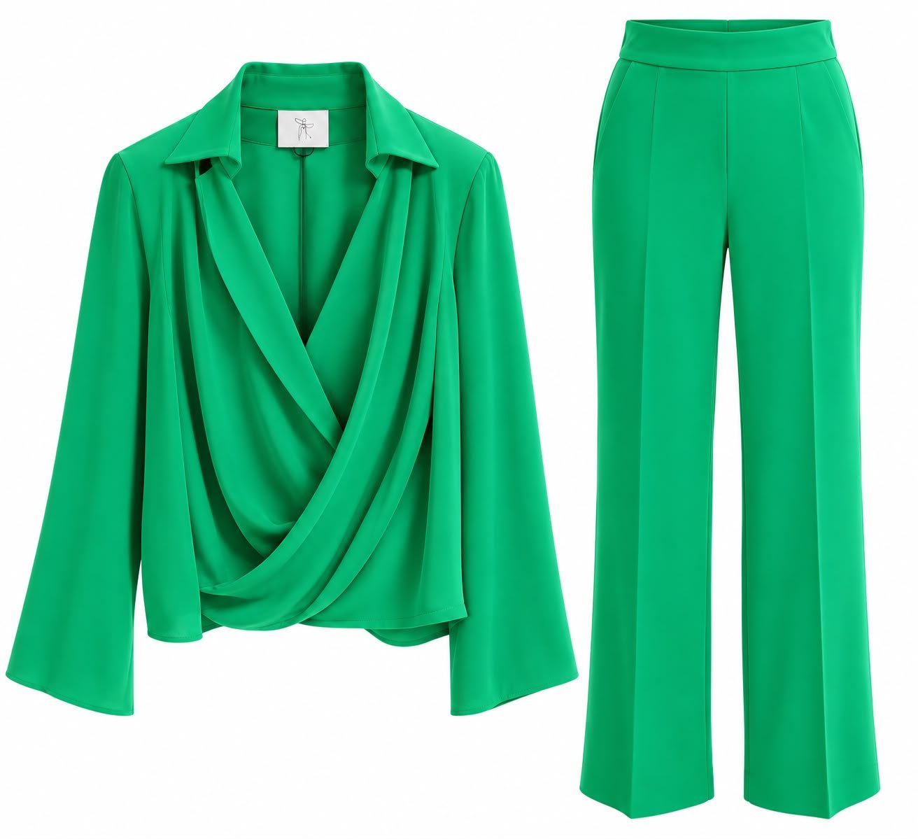 WhatsApp Image 2026-09-21 at 07.16.56 Costum Arhitectural din Două Piese cu Bluză Drapată cu Croială Încrucișată și Pantaloni Largi în Nuanță Verde Smarald - imagine 1