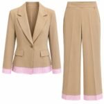 Costum Arhitectural din Două Piese cu Sacou Structurat cu Nasture Unic, Inserții cu Dungi Roz și Pantaloni Largi în Nuanță Bej