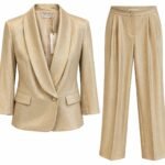 Costum Arhitectural din Două Piese cu Sacou Șal Tailored și Pantaloni Drepți în Nuanță Auriu / Șampanie Metalic