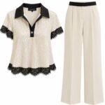 Costum Arhitectural din Două Piese cu Bluză Paietată cu Guler Contrastant și Dantelă, și Pantaloni Largi în Nuanță Bej și Negru