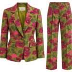 Costum Arhitectural din Două Piese cu Sacou Tailored cu Imprimeu Floral și Pantaloni Drepți în Nuanță Verde Măsliniu și Roz Fuchsia
