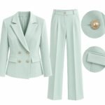 Costum Arhitectural din Două Piese cu Sacou Tailored cu Două Rânduri de Nasturi Bijuterie și Pantaloni Drepți în Nuanță Verde Mentă / Pastel