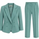 Costum Arhitectural din Două Piese cu Sacou Tailored cu Două Rânduri de Nasturi Ascunși și Pantaloni Conici în Nuanță Verde Eucalipt / Turcoaz Stins
