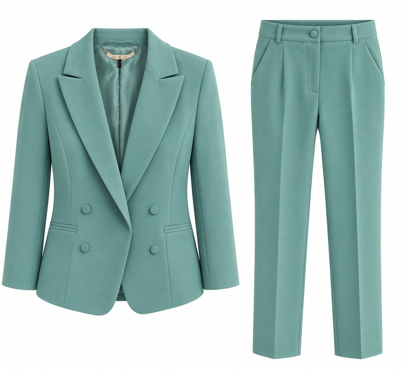 WhatsApp Image 2026-09-22 at 08.50.57 Costum Arhitectural din Două Piese cu Sacou Tailored cu Două Rânduri de Nasturi Ascunși și Pantaloni Conici în Nuanță Verde Eucalipt / Turcoaz Stins - imagine 1