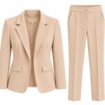 Costum Arhitectural din Două Piese cu Sacou Tailored cu Un Nasture și Pantaloni Conici în Nuanță Bej Nisipiu / Nude